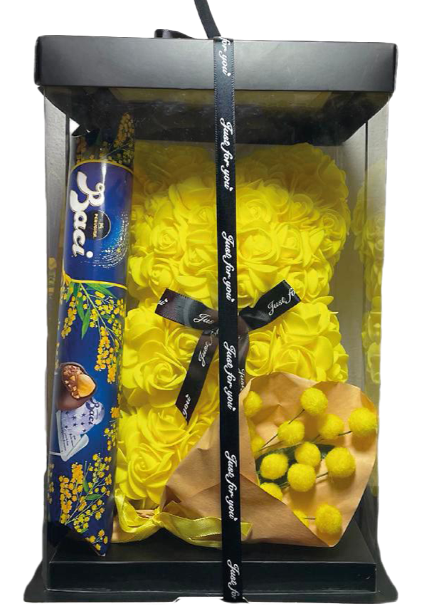 Teddy roses Premium - Tubo baci + bouquet mimose